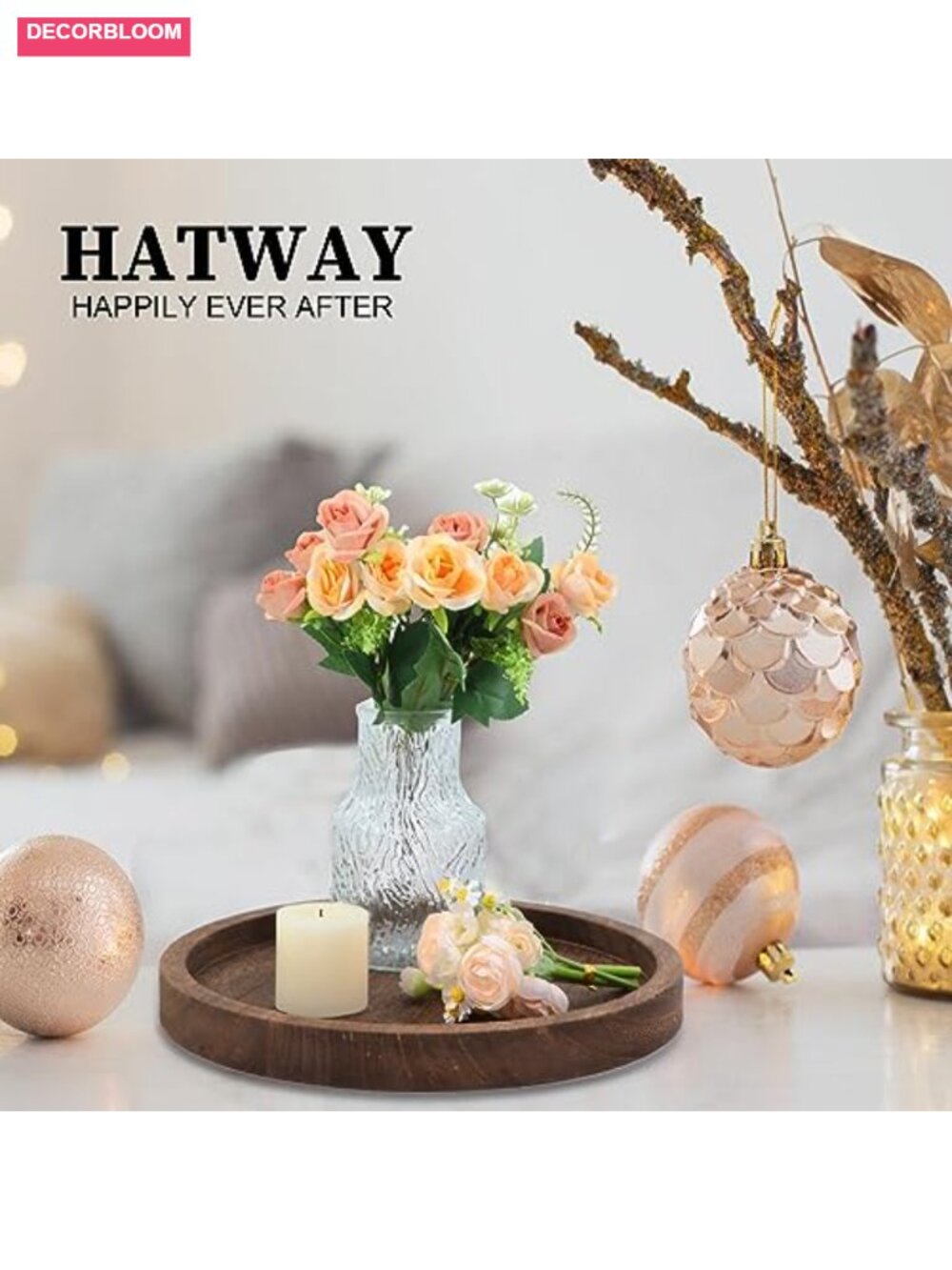 Round Wooden Decorative Tray Candle Holder Rustic Distressed Paulownia Wood - Picture 6 of 6